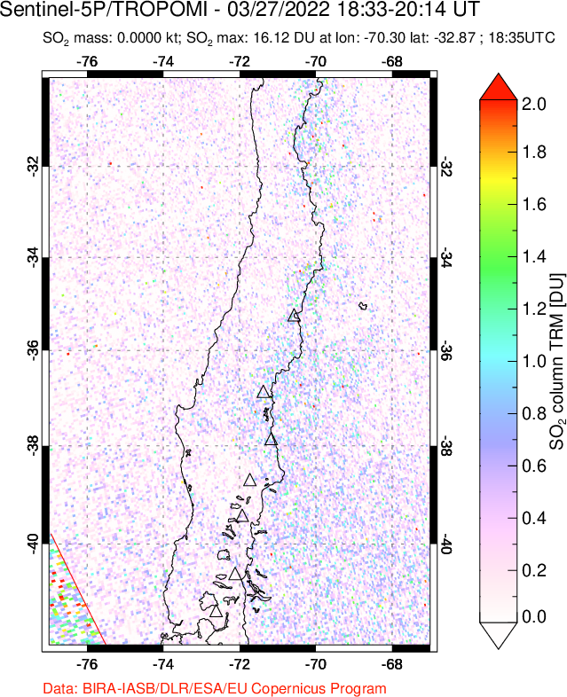 A sulfur dioxide image over Central Chile on Mar 27, 2022.