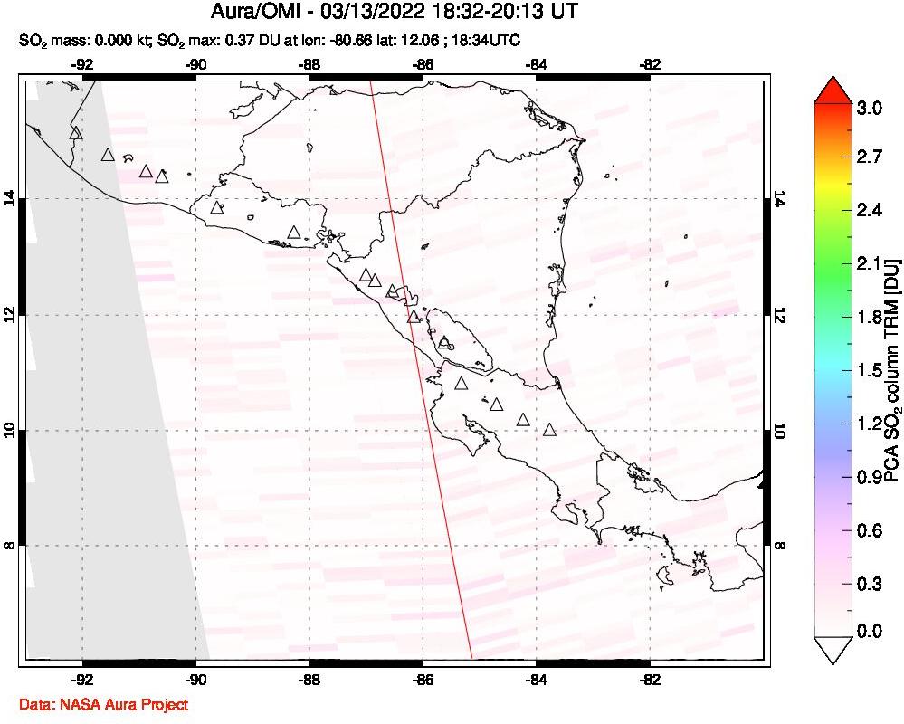 A sulfur dioxide image over Central America on Mar 13, 2022.