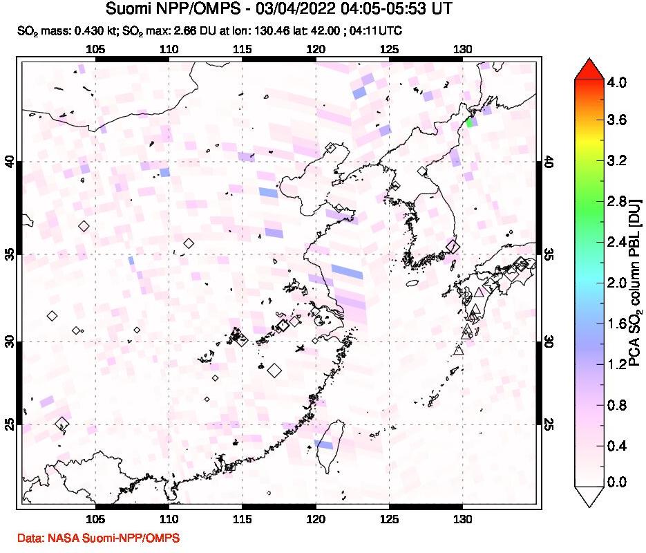 A sulfur dioxide image over Eastern China on Mar 04, 2022.