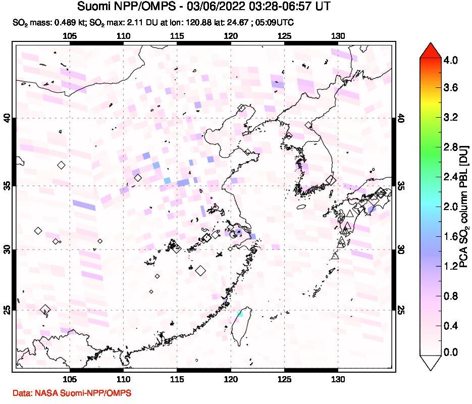 A sulfur dioxide image over Eastern China on Mar 06, 2022.