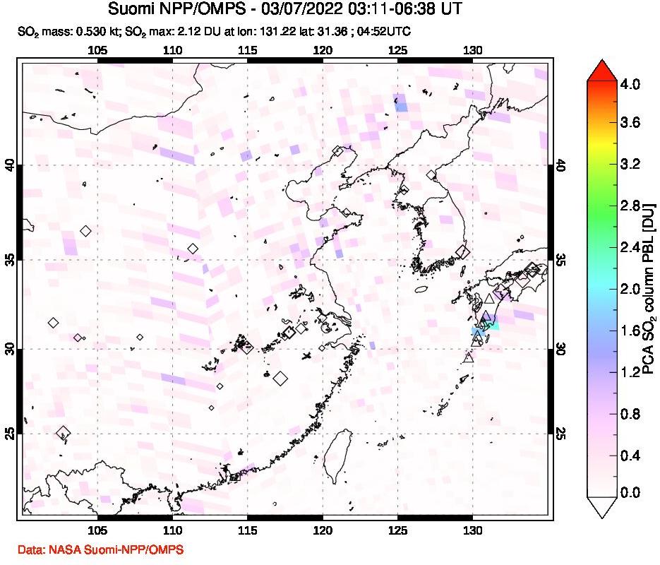 A sulfur dioxide image over Eastern China on Mar 07, 2022.