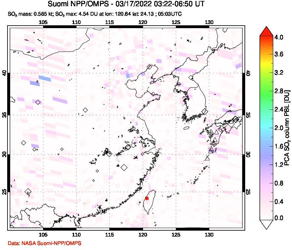 A sulfur dioxide image over Eastern China on Mar 17, 2022.