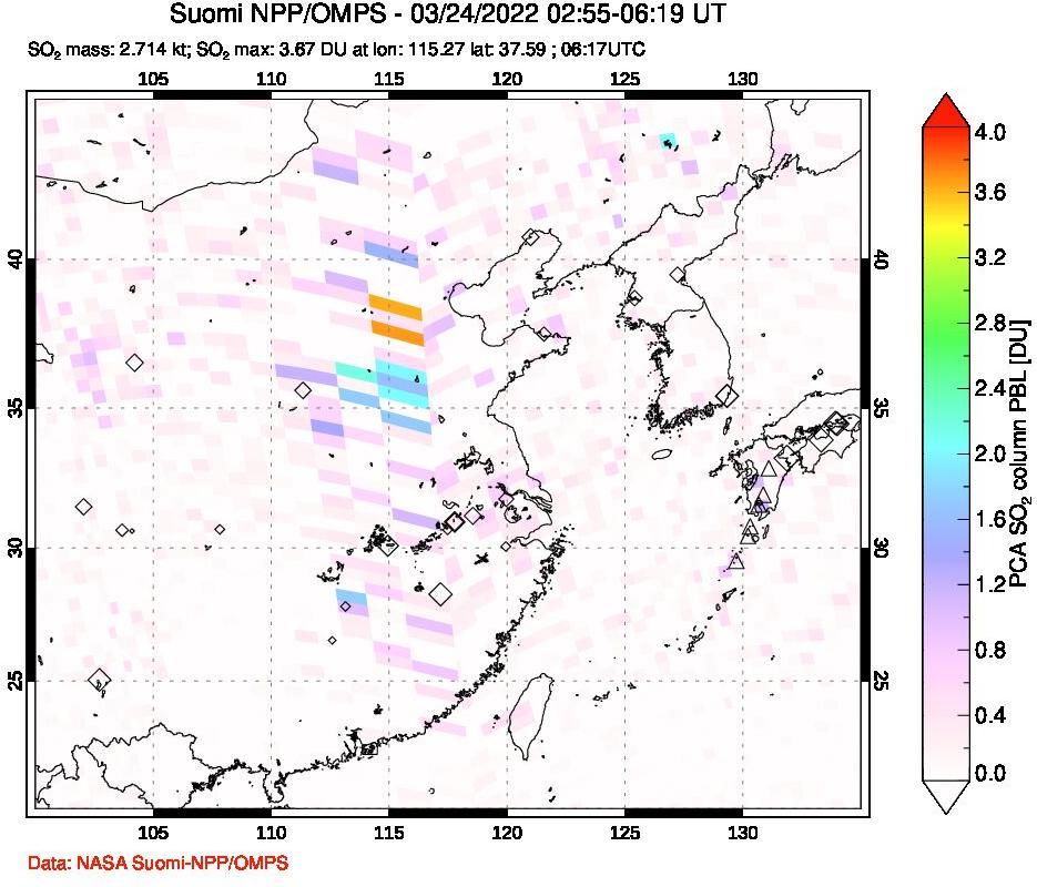 A sulfur dioxide image over Eastern China on Mar 24, 2022.