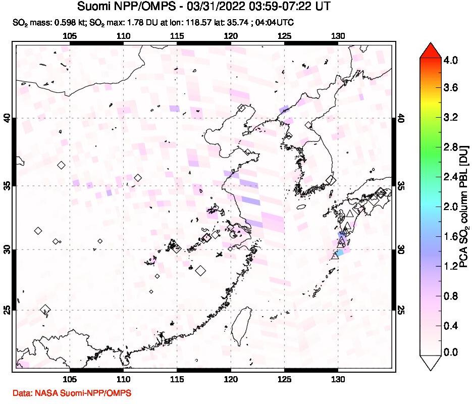 A sulfur dioxide image over Eastern China on Mar 31, 2022.