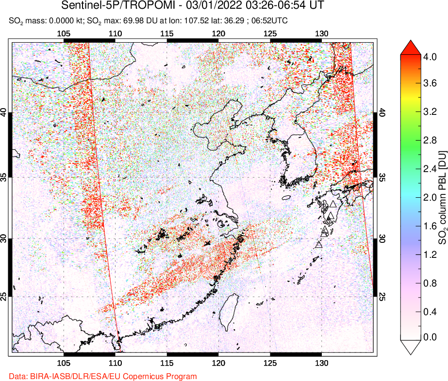 A sulfur dioxide image over Eastern China on Mar 01, 2022.