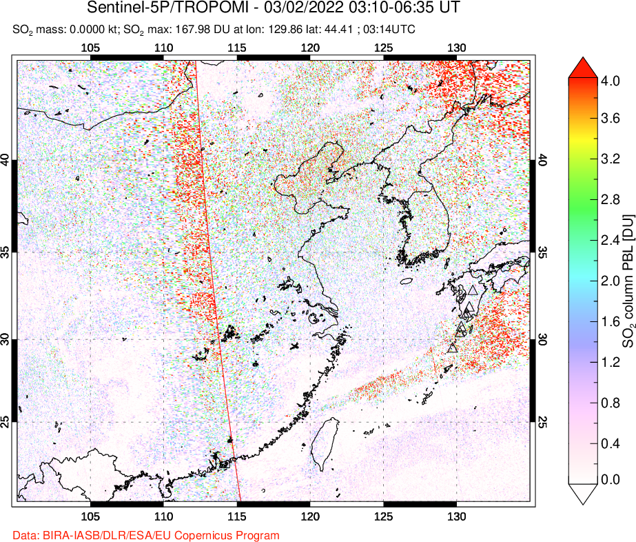 A sulfur dioxide image over Eastern China on Mar 02, 2022.