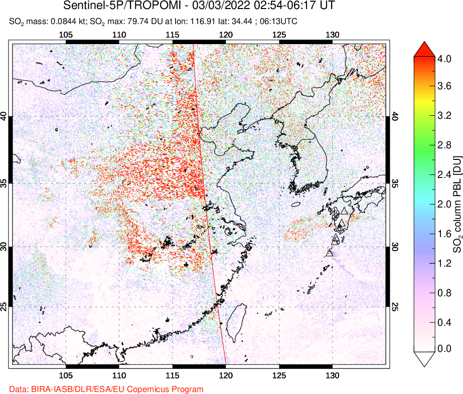 A sulfur dioxide image over Eastern China on Mar 03, 2022.