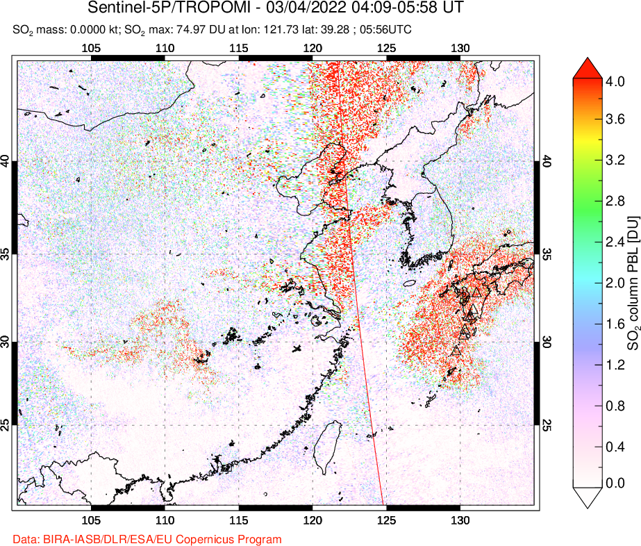 A sulfur dioxide image over Eastern China on Mar 04, 2022.