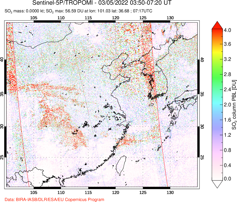 A sulfur dioxide image over Eastern China on Mar 05, 2022.