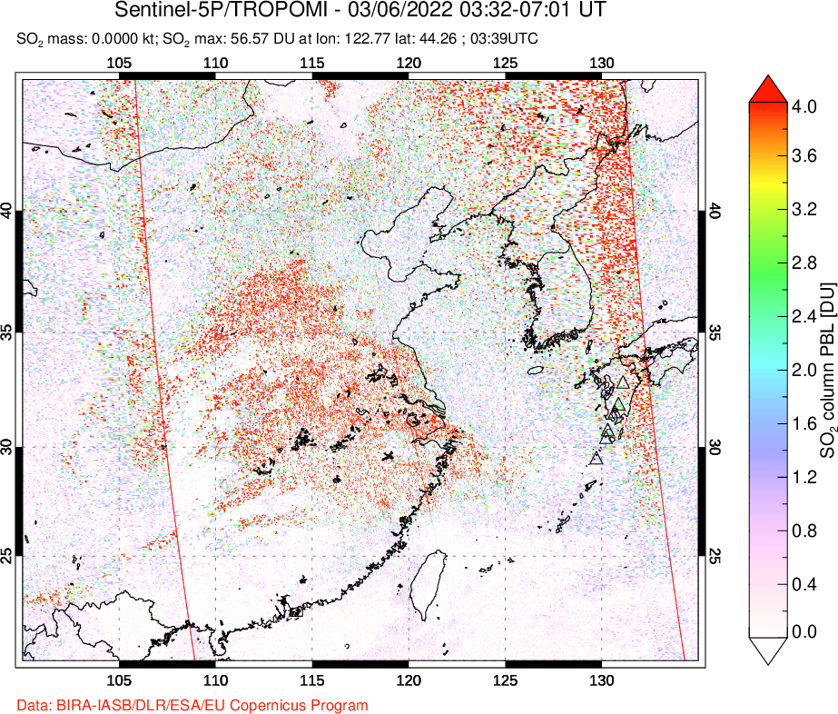 A sulfur dioxide image over Eastern China on Mar 06, 2022.