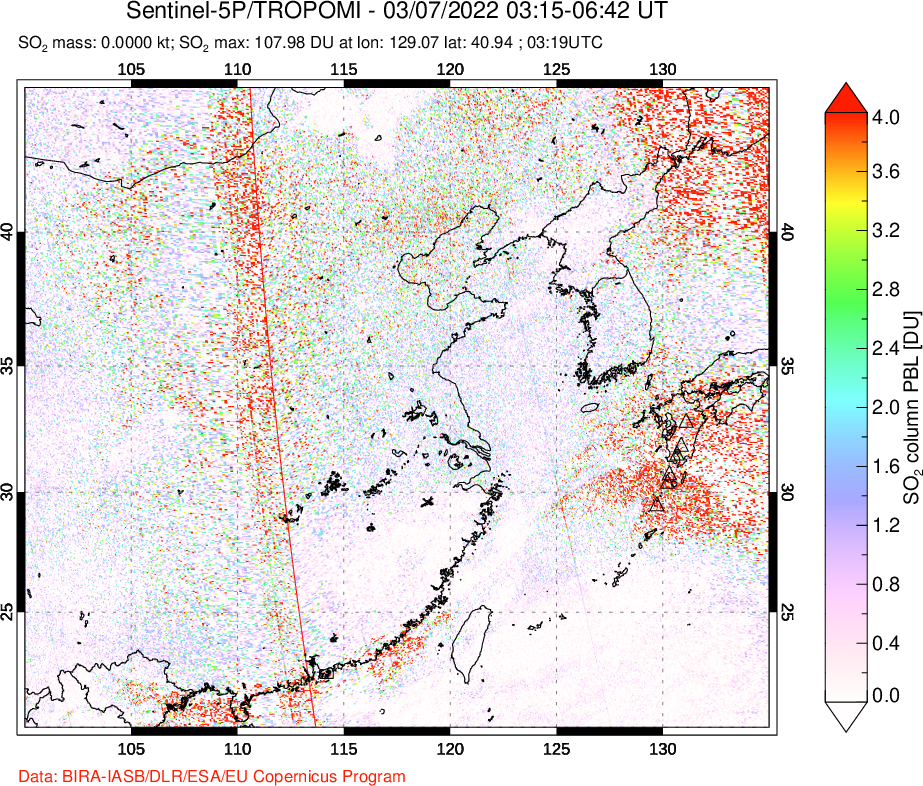 A sulfur dioxide image over Eastern China on Mar 07, 2022.