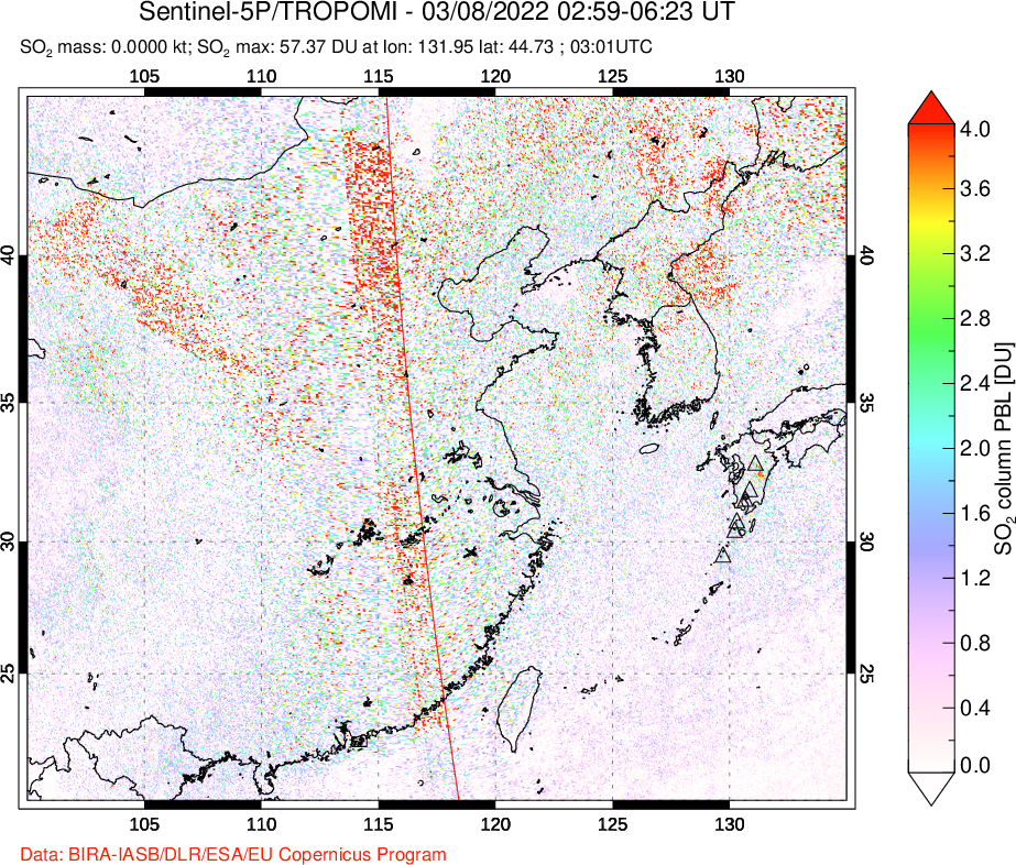 A sulfur dioxide image over Eastern China on Mar 08, 2022.