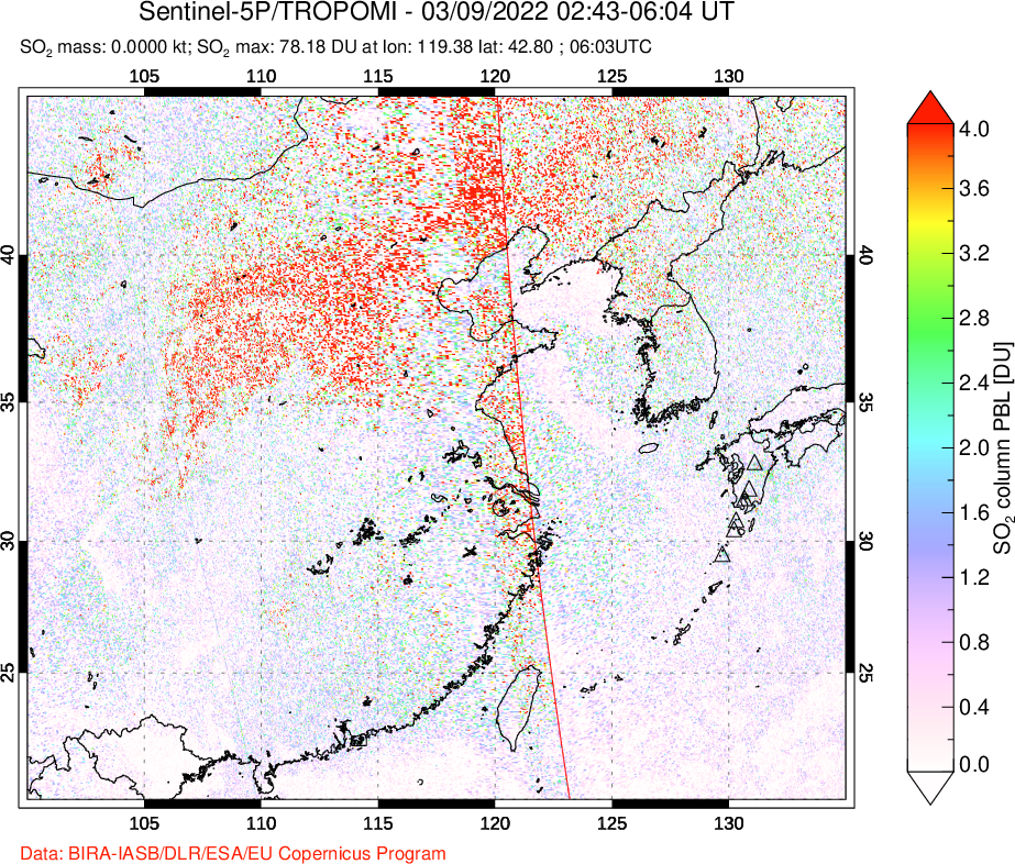 A sulfur dioxide image over Eastern China on Mar 09, 2022.