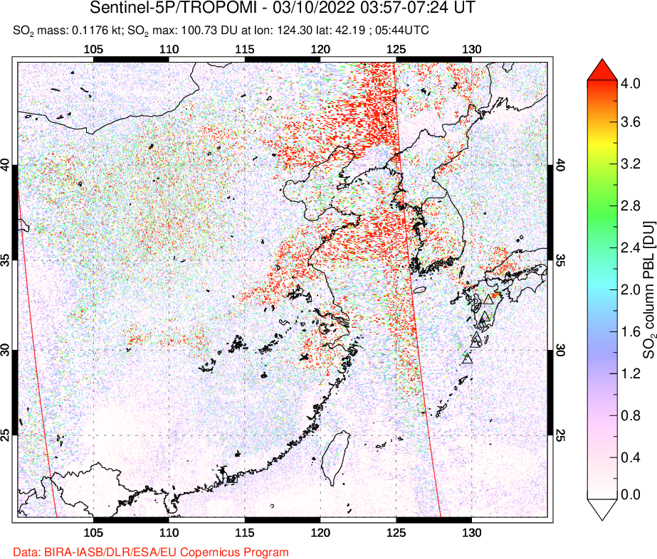 A sulfur dioxide image over Eastern China on Mar 10, 2022.