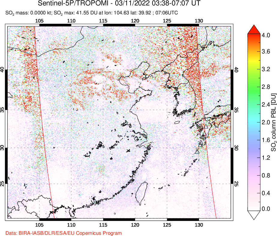 A sulfur dioxide image over Eastern China on Mar 11, 2022.