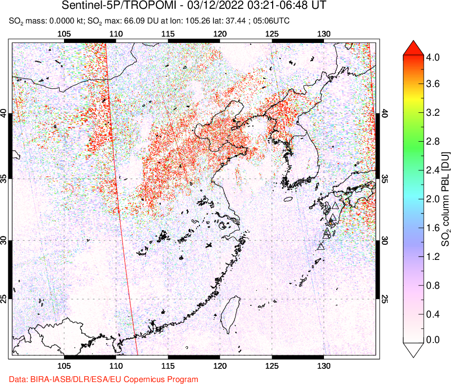 A sulfur dioxide image over Eastern China on Mar 12, 2022.