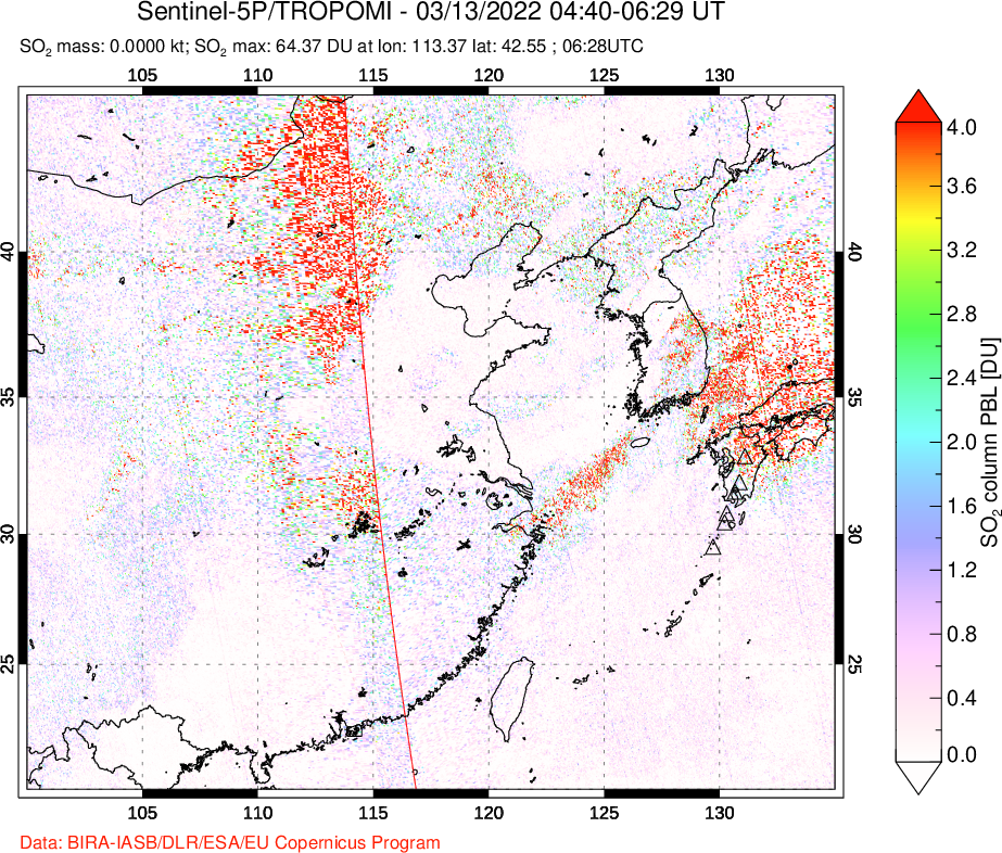 A sulfur dioxide image over Eastern China on Mar 13, 2022.