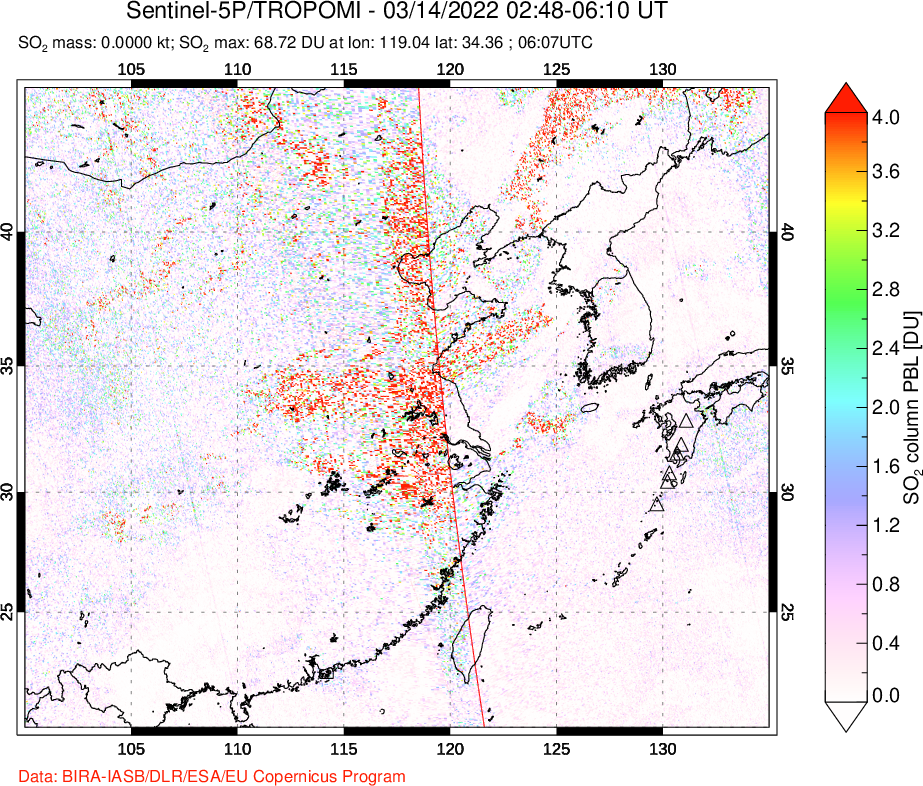 A sulfur dioxide image over Eastern China on Mar 14, 2022.