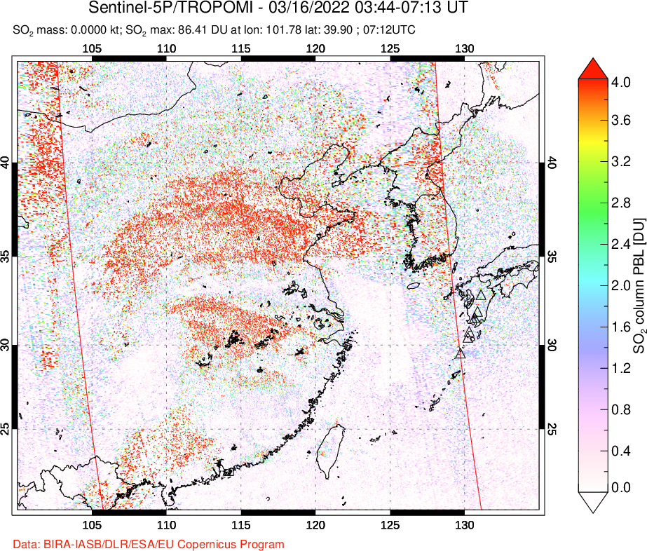 A sulfur dioxide image over Eastern China on Mar 16, 2022.