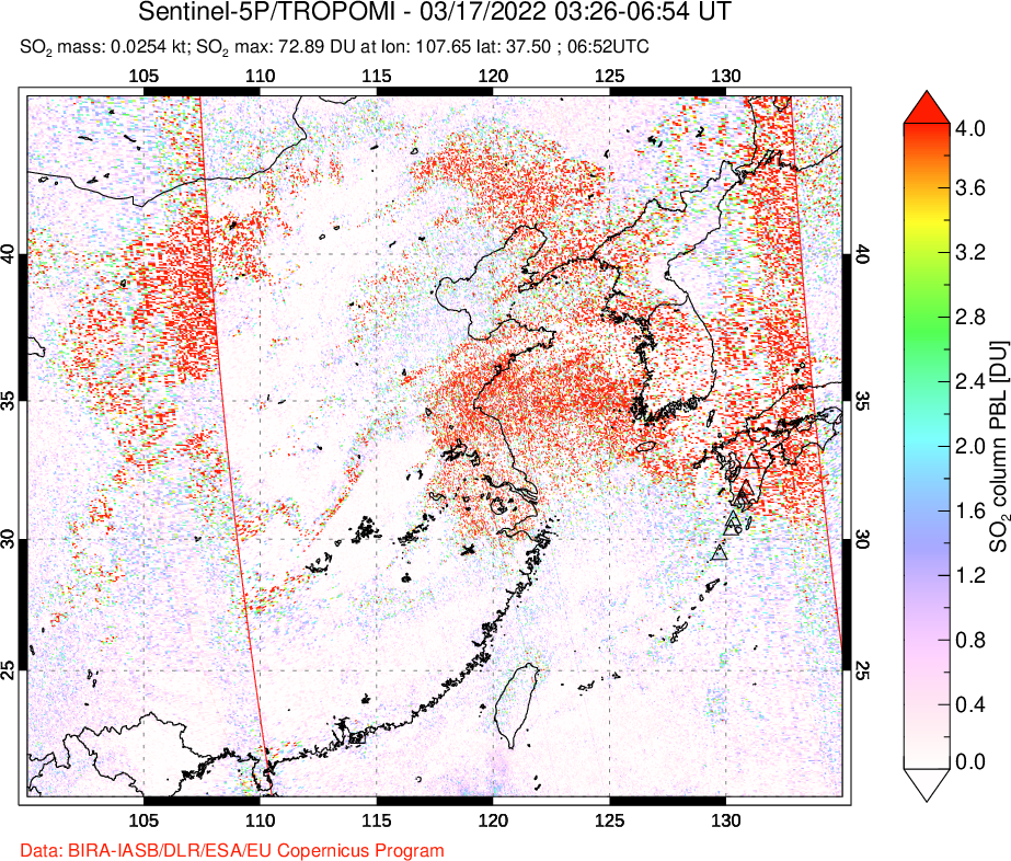 A sulfur dioxide image over Eastern China on Mar 17, 2022.