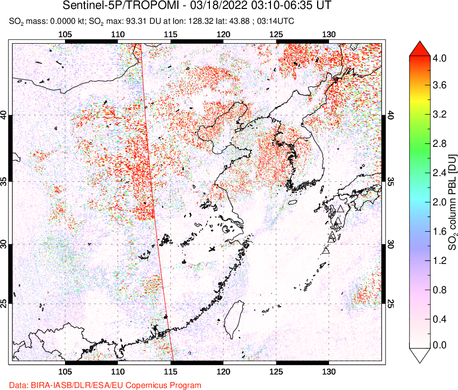 A sulfur dioxide image over Eastern China on Mar 18, 2022.