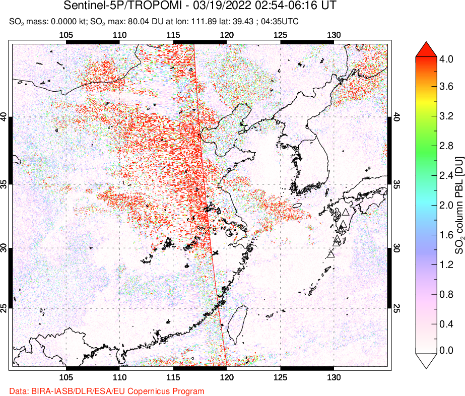 A sulfur dioxide image over Eastern China on Mar 19, 2022.