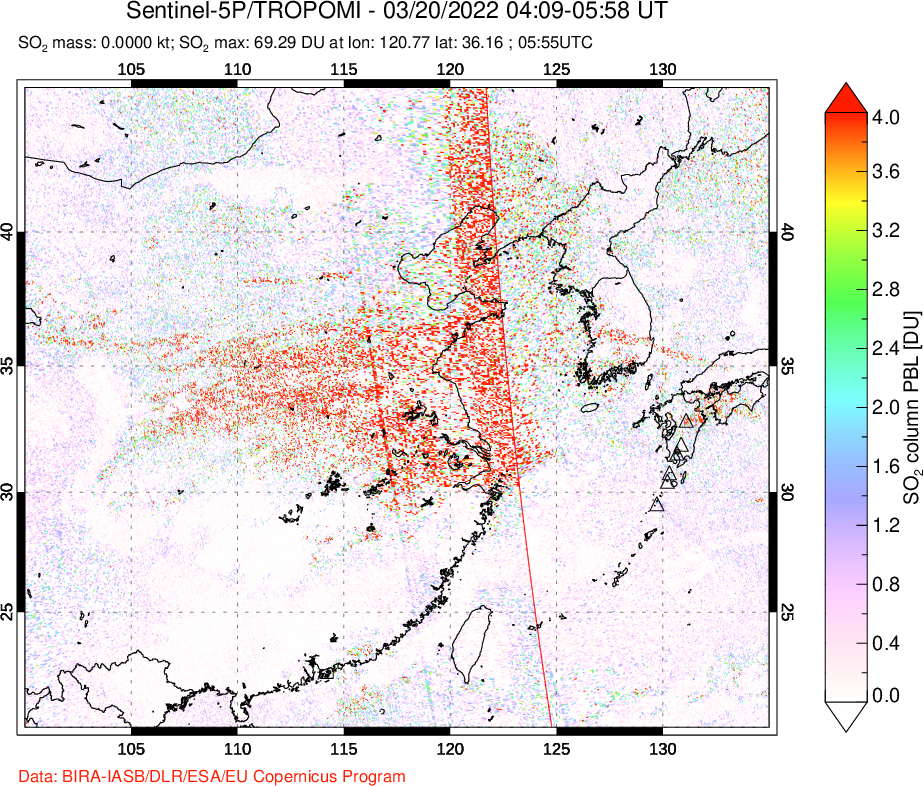 A sulfur dioxide image over Eastern China on Mar 20, 2022.