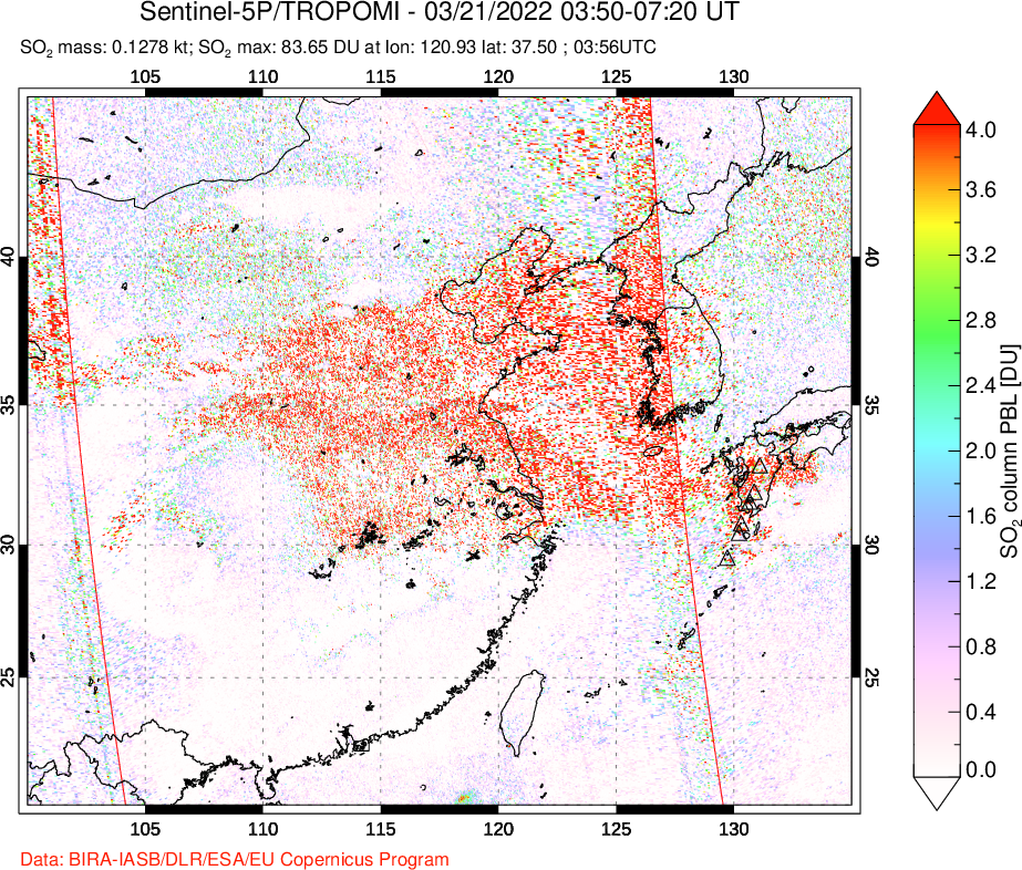 A sulfur dioxide image over Eastern China on Mar 21, 2022.