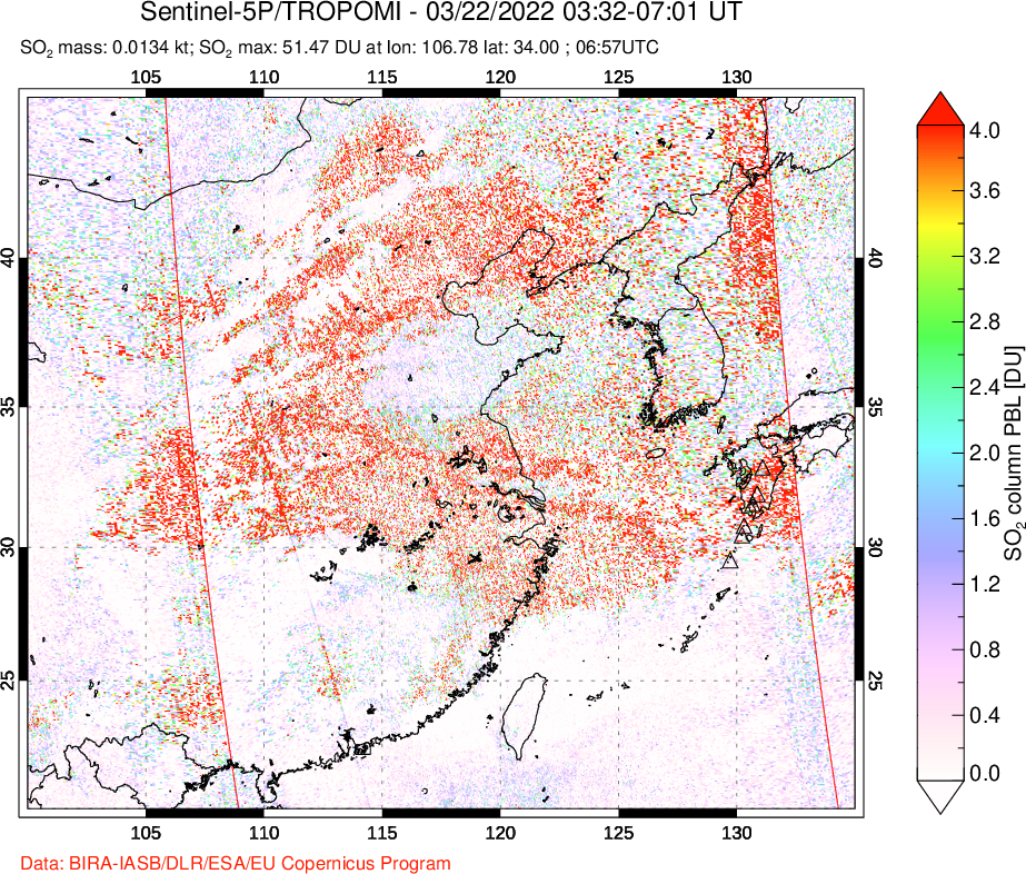 A sulfur dioxide image over Eastern China on Mar 22, 2022.