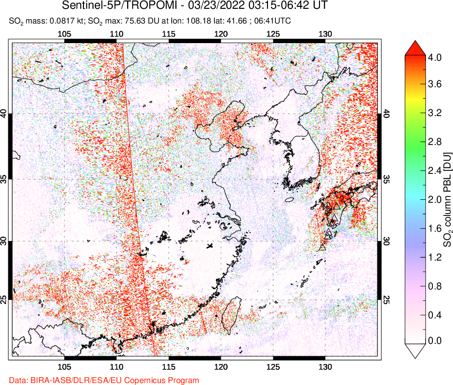 A sulfur dioxide image over Eastern China on Mar 23, 2022.