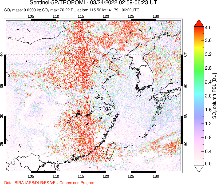 A sulfur dioxide image over Eastern China on Mar 24, 2022.