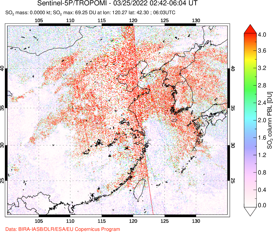 A sulfur dioxide image over Eastern China on Mar 25, 2022.