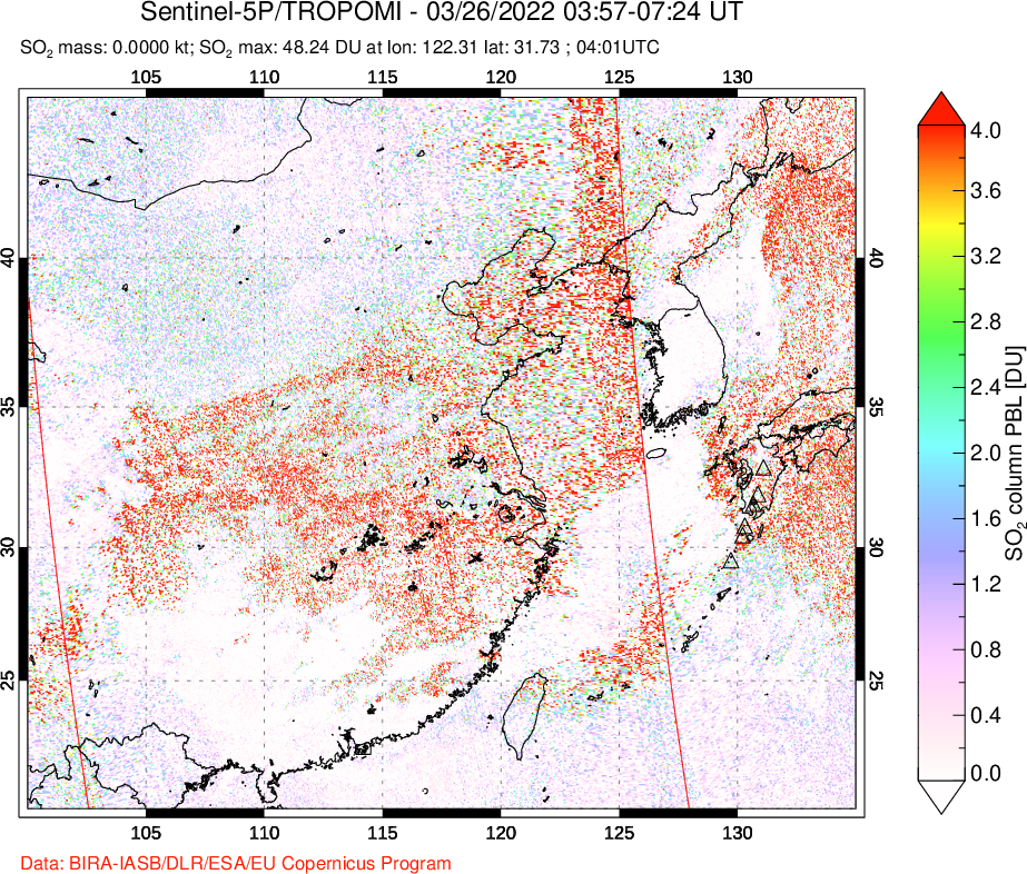 A sulfur dioxide image over Eastern China on Mar 26, 2022.