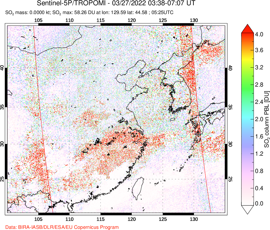 A sulfur dioxide image over Eastern China on Mar 27, 2022.