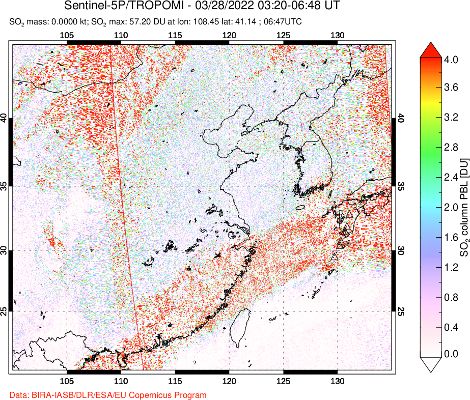 A sulfur dioxide image over Eastern China on Mar 28, 2022.