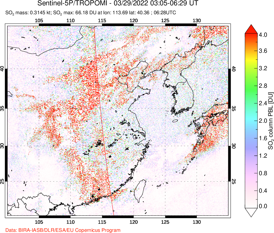 A sulfur dioxide image over Eastern China on Mar 29, 2022.