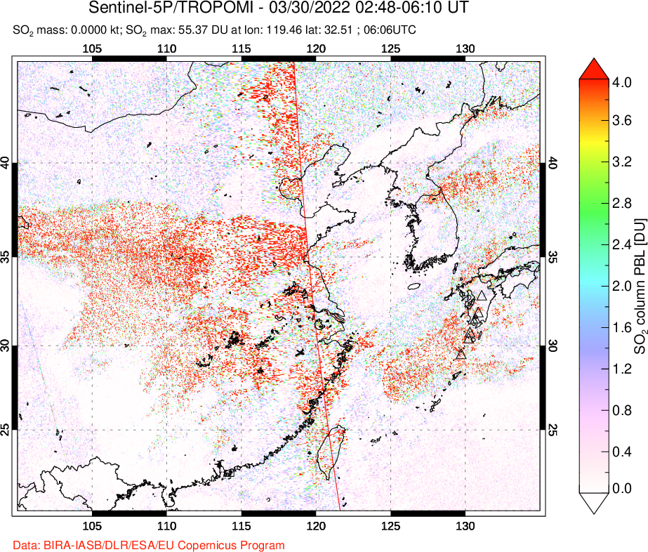 A sulfur dioxide image over Eastern China on Mar 30, 2022.