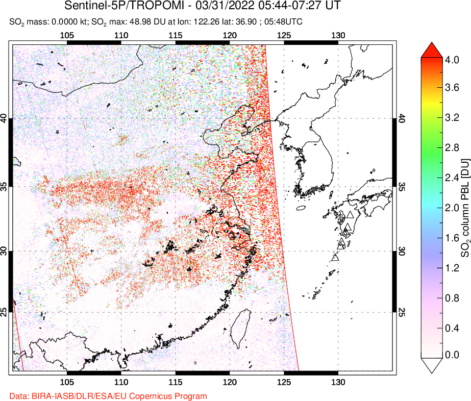 A sulfur dioxide image over Eastern China on Mar 31, 2022.