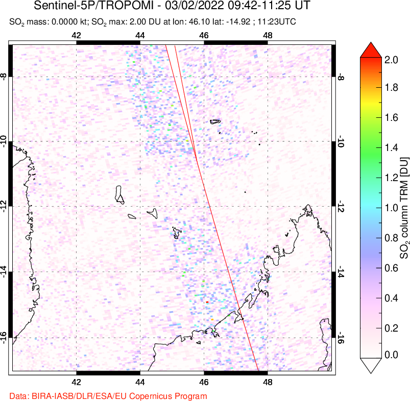 A sulfur dioxide image over Comoro Islands on Mar 02, 2022.