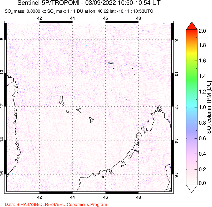 A sulfur dioxide image over Comoro Islands on Mar 09, 2022.