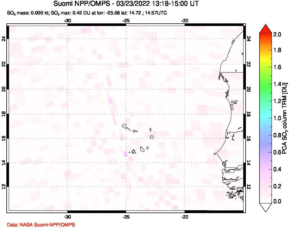 A sulfur dioxide image over Cape Verde Islands on Mar 23, 2022.