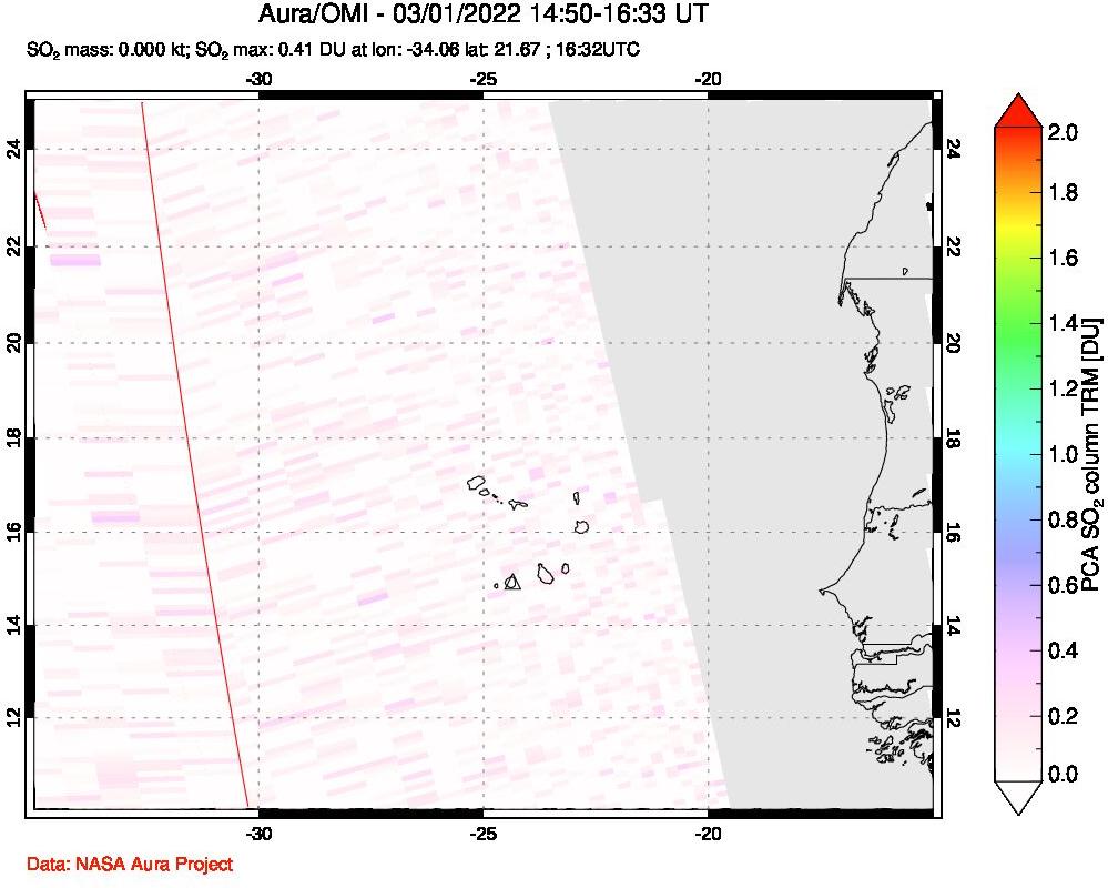A sulfur dioxide image over Cape Verde Islands on Mar 01, 2022.