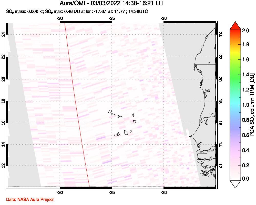 A sulfur dioxide image over Cape Verde Islands on Mar 03, 2022.
