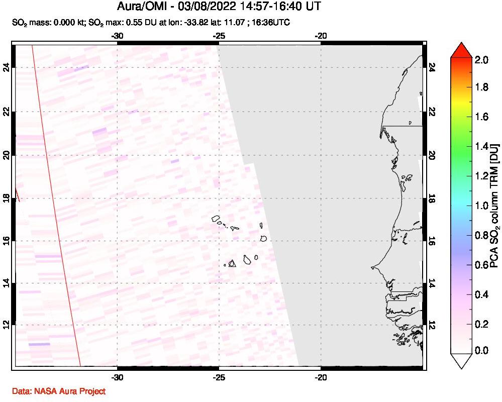 A sulfur dioxide image over Cape Verde Islands on Mar 08, 2022.