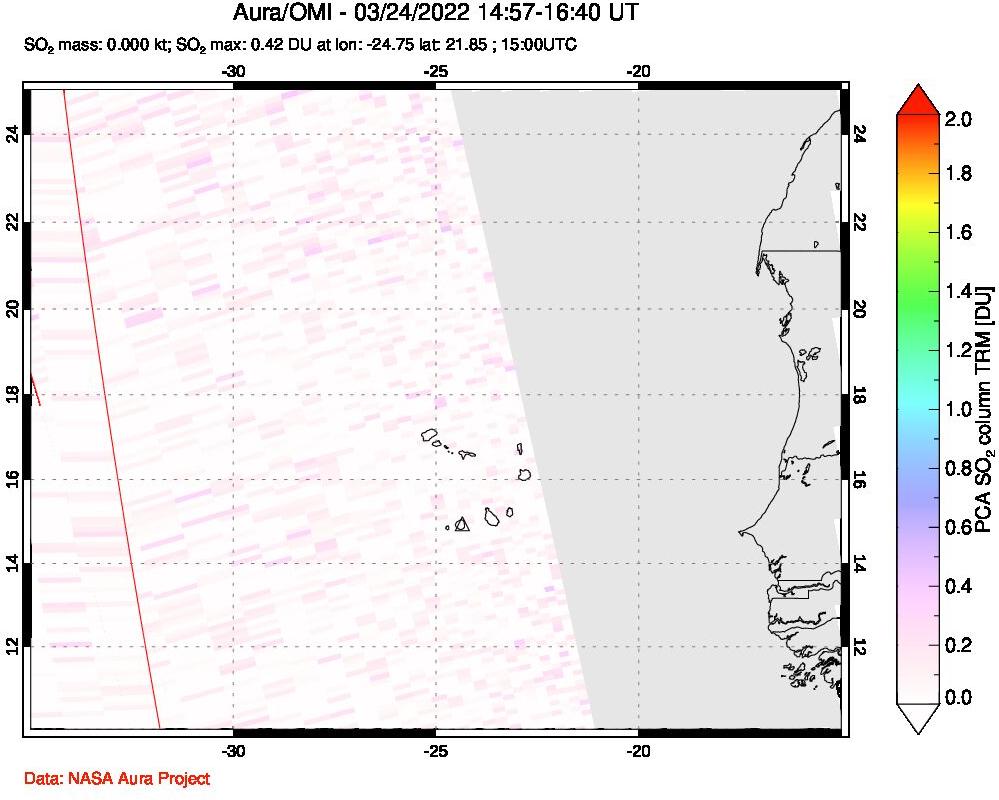 A sulfur dioxide image over Cape Verde Islands on Mar 24, 2022.