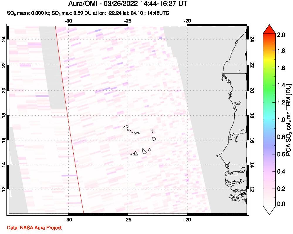 A sulfur dioxide image over Cape Verde Islands on Mar 26, 2022.