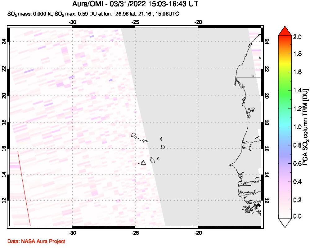 A sulfur dioxide image over Cape Verde Islands on Mar 31, 2022.