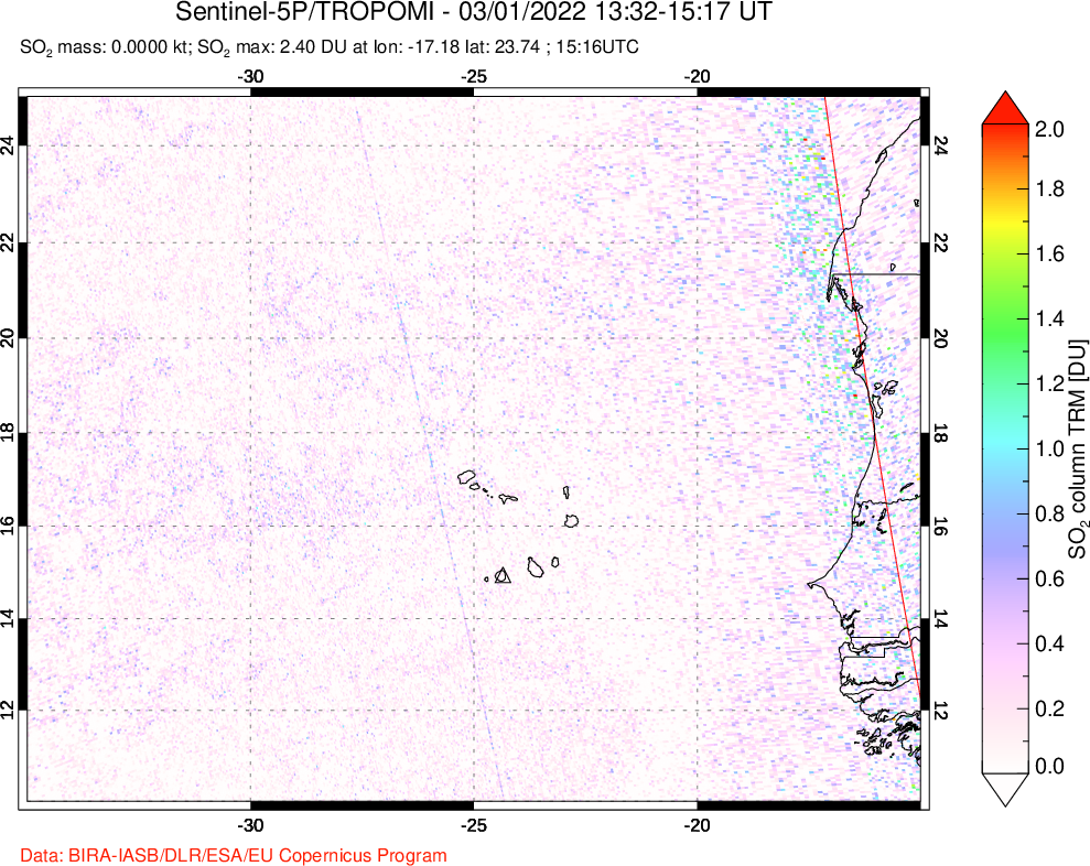 A sulfur dioxide image over Cape Verde Islands on Mar 01, 2022.