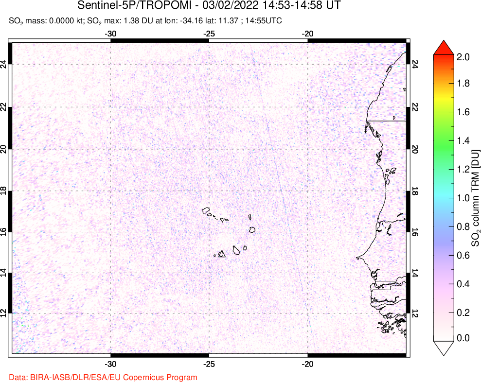 A sulfur dioxide image over Cape Verde Islands on Mar 02, 2022.