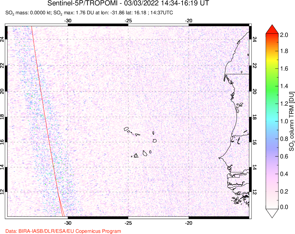 A sulfur dioxide image over Cape Verde Islands on Mar 03, 2022.